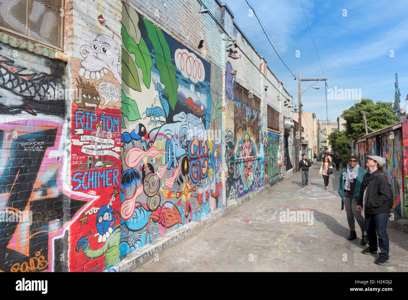 Peintures murales et graffitis sur les murs de l'établissement Clarion Alley, dans le Mission District de San Francisco. Californie, USA. Banque D'Images