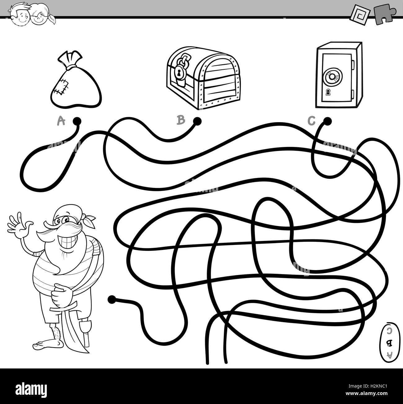 Cartoon noir et blanc Illustration de parcours éducatifs ou un labyrinthe Puzzle Activité avec caractère et Pirate Coloriage Trésors B Illustration de Vecteur