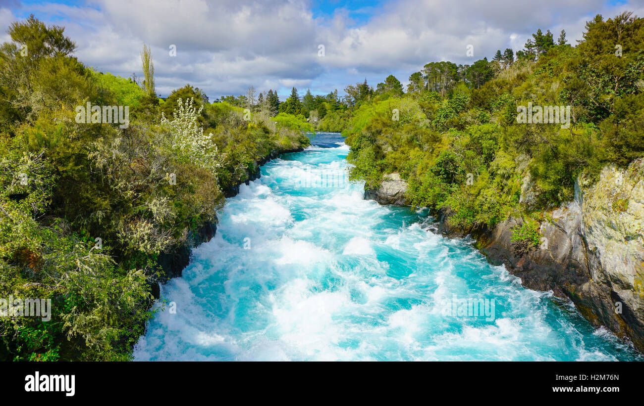 La couleur turquoise de l'eau Cascade de Huka, courant fort et sauvage. Banque D'Images