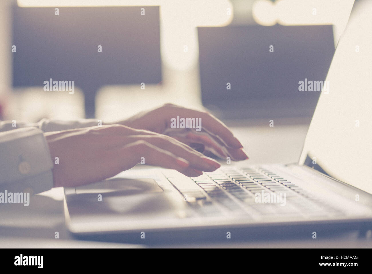 Femme hands typing on a laptop Banque D'Images