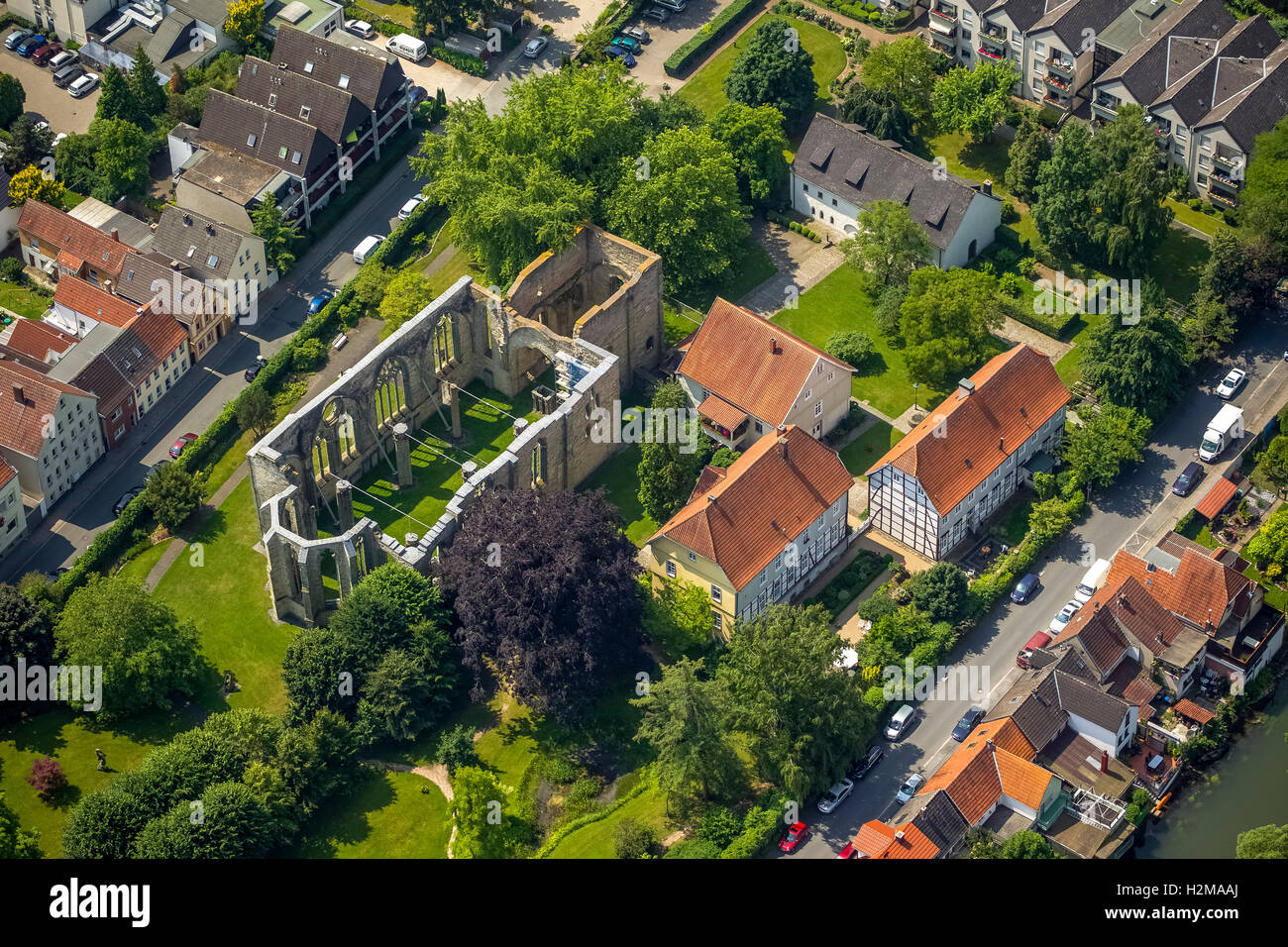 Vue aérienne de l'église, ruine Lippstadt, Lippstadt, Soest Boerde, ville planifiée, la plus ancienne ville d'Allemagne, fondateur Banque D'Images