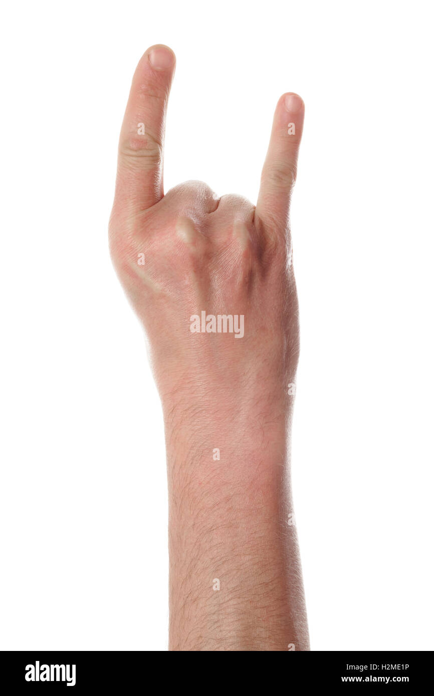 Homme de devil horns geste sur fond blanc Banque D'Images