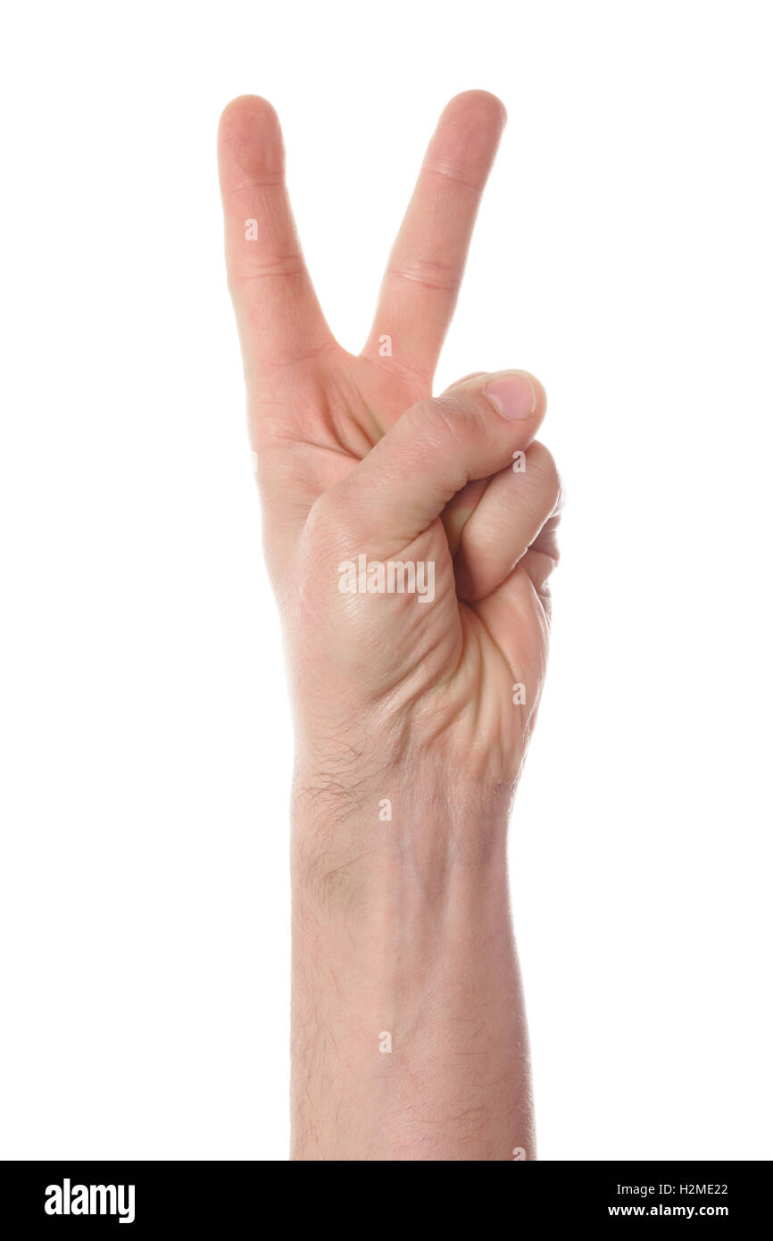 La main des hommes en paix geste sur fond blanc Banque D'Images