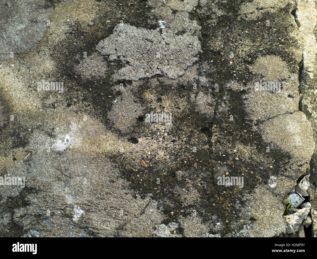 La surface de béton fissuré et granuleux avec des taches Banque D'Images
