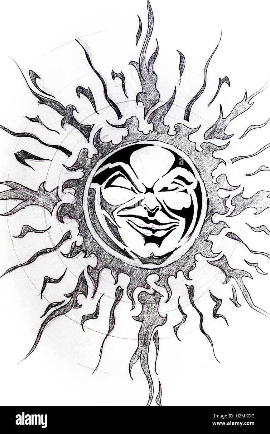 Soleil Tribal, dessin de tatouage Banque D'Images