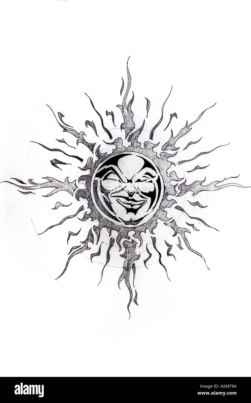 Soleil, croquis de tattoo Banque D'Images