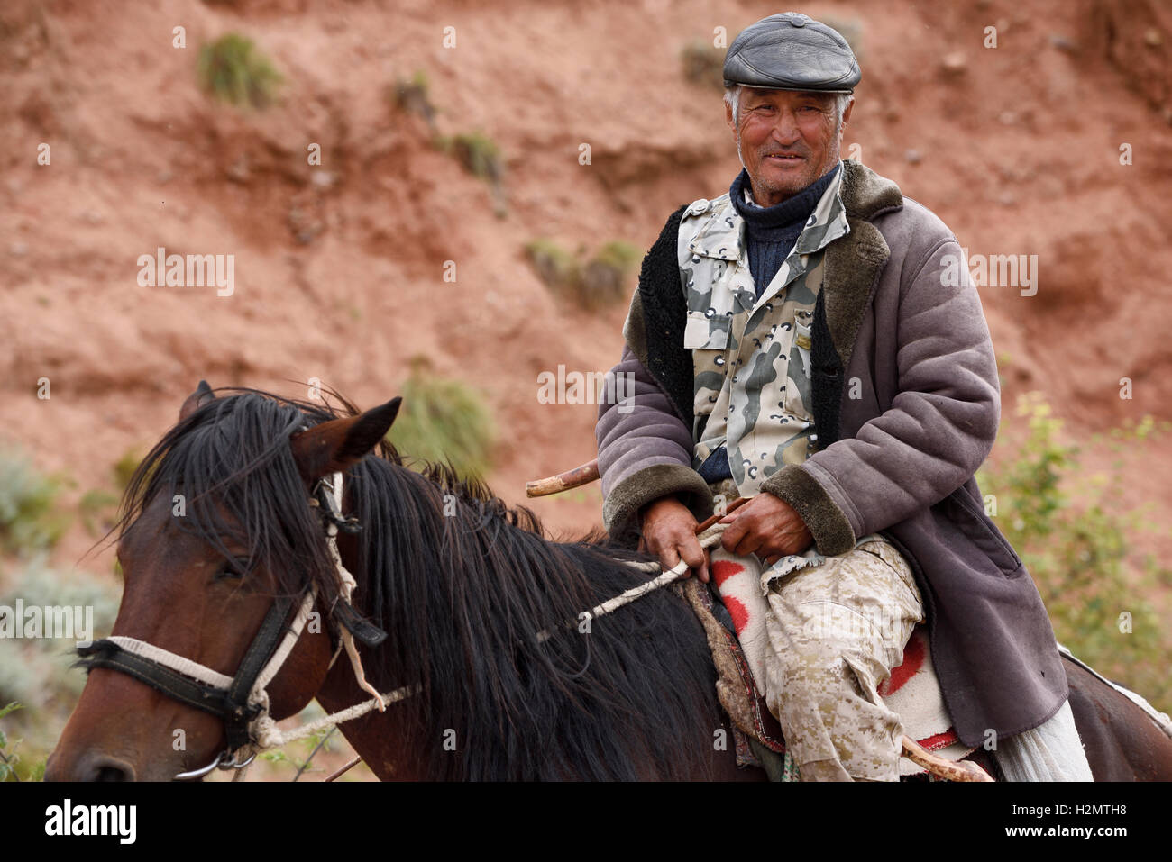 Le kazakh sur l'occupait de ses moutons à red rock formations Sarytau montagne Plateau Assy Kazakhstan Banque D'Images