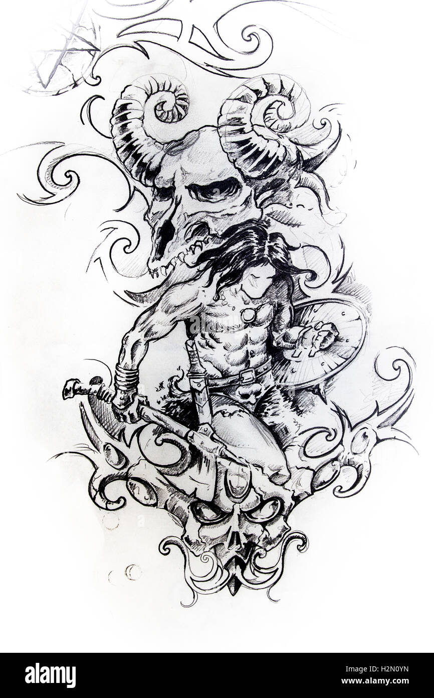 Guerrier Viking, un dessin de tatouage Banque D'Images