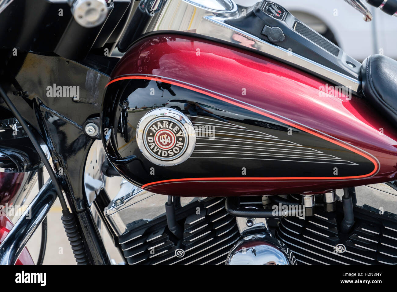 Un rouge profond Harley Davidson Ultra Classic châssis moto, gros plan. Oklahoma City, Oklahoma, USA. Banque D'Images