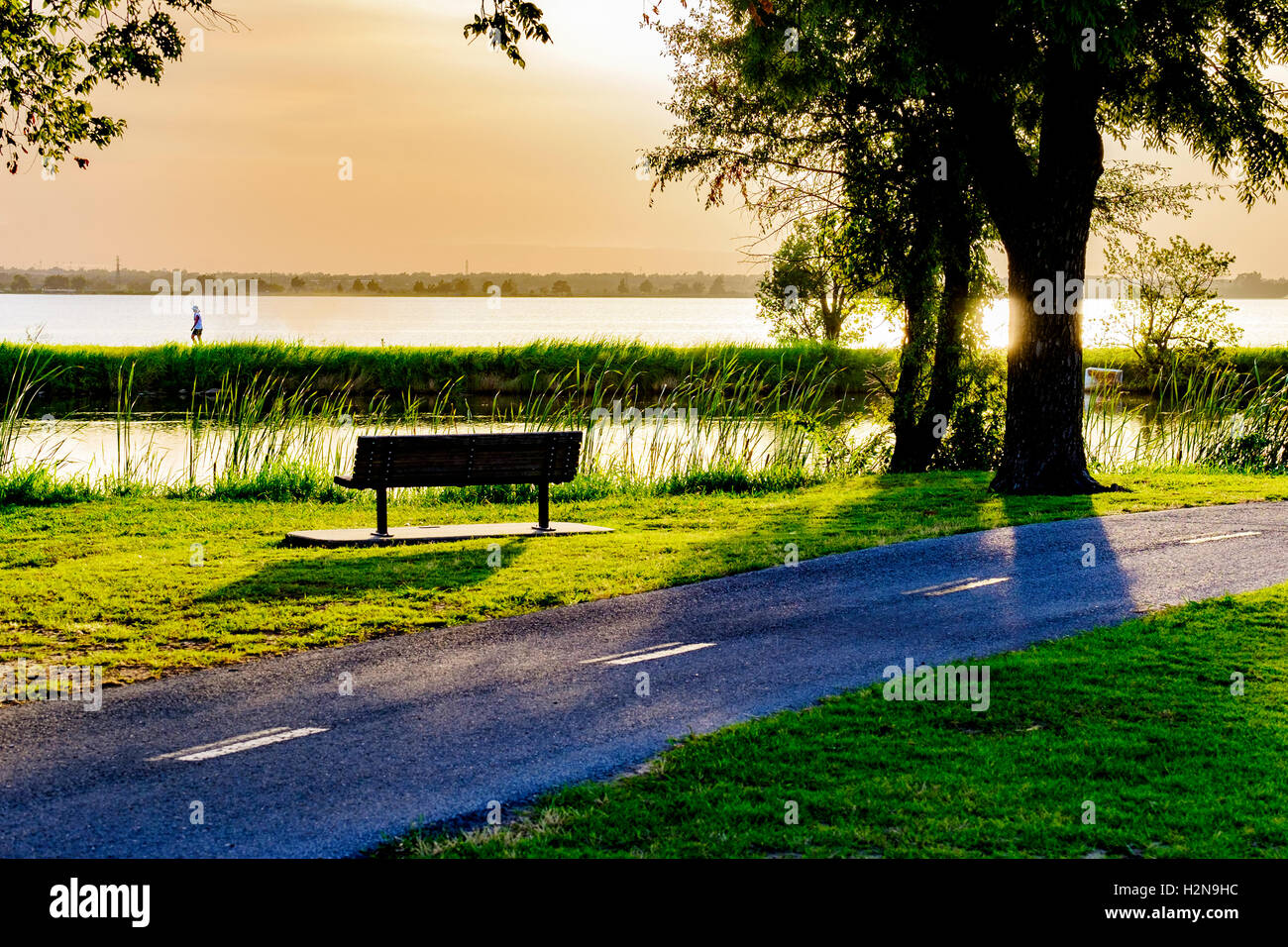 Un banc de parc à côté des sentiers du lac Overholser. Une femme seule marche sur le lévee entre la rivière du Nord canadien et le lac Overholser. Oklahoma, États-Unis. Banque D'Images