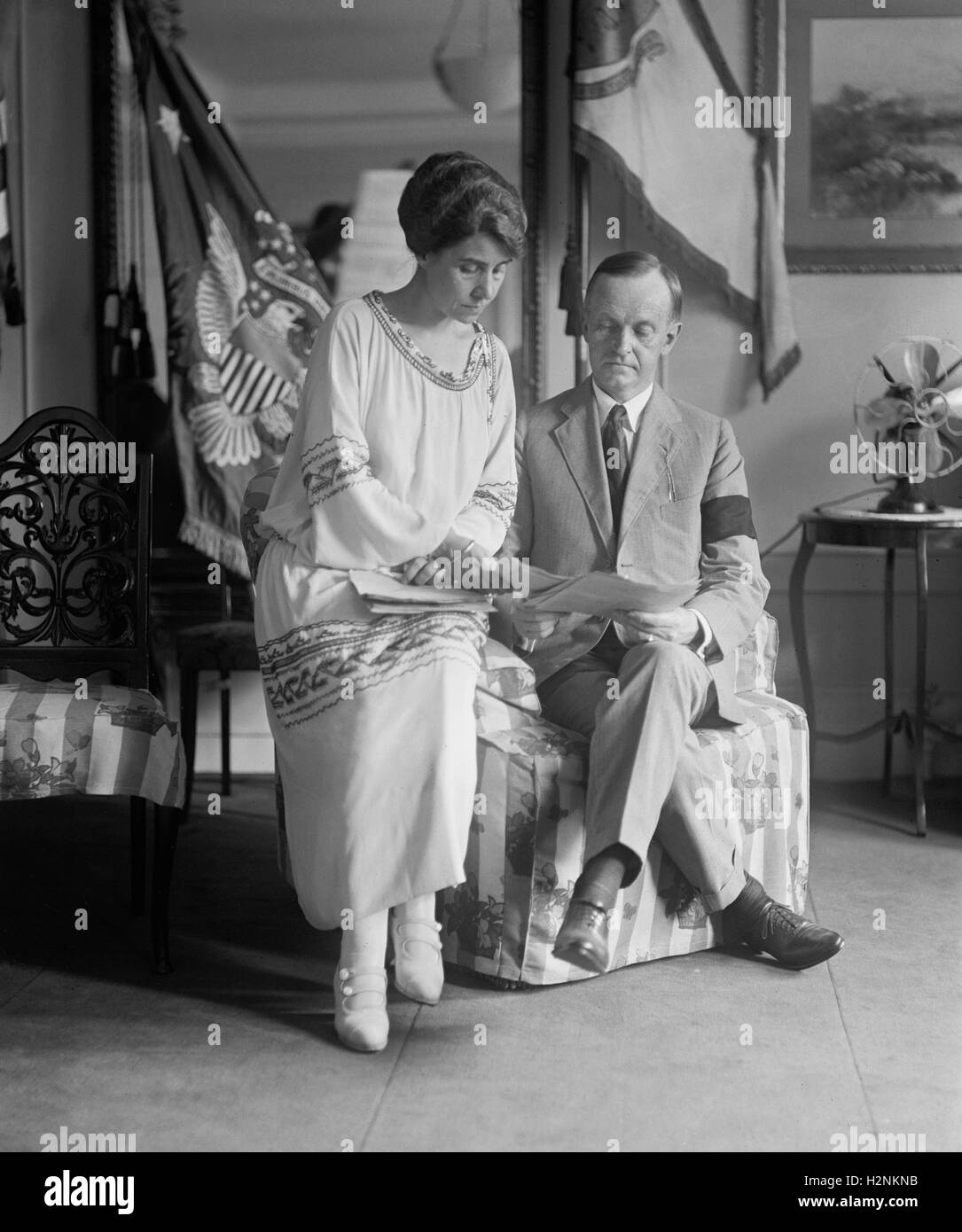 Nouveau président américain Calvin Coolidge et la Première Dame Grace Coolidge après la mort du Président Warren G. Harding, Washington DC, USA, National Photo Company, le 5 août 1923 Banque D'Images