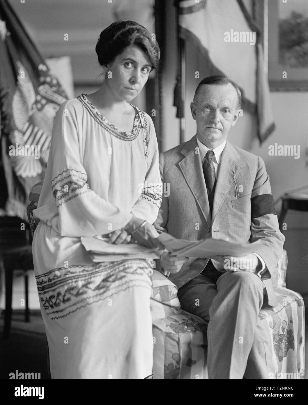 Nouveau président américain Calvin Coolidge et la Première Dame Grace Coolidge après la mort du Président Warren G. Harding, Washington DC, USA, National Photo Company, le 5 août 1923 Banque D'Images