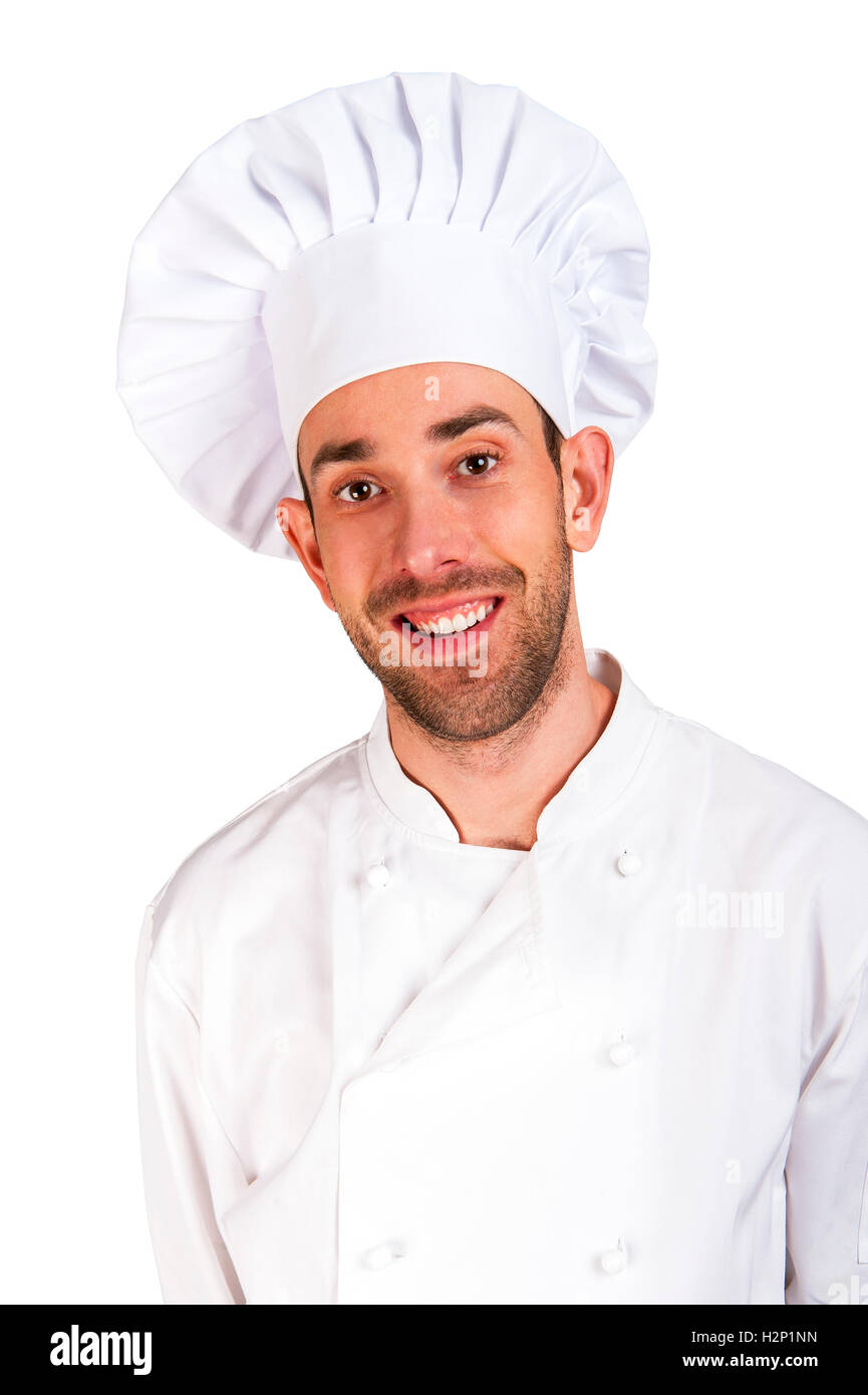 Male chef portrait smiling against white background. Banque D'Images