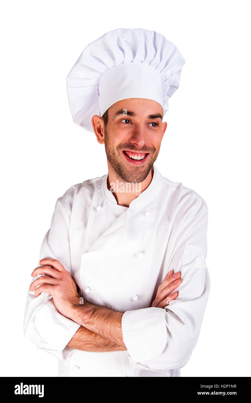 Male chef portrait smiling against white background. Banque D'Images