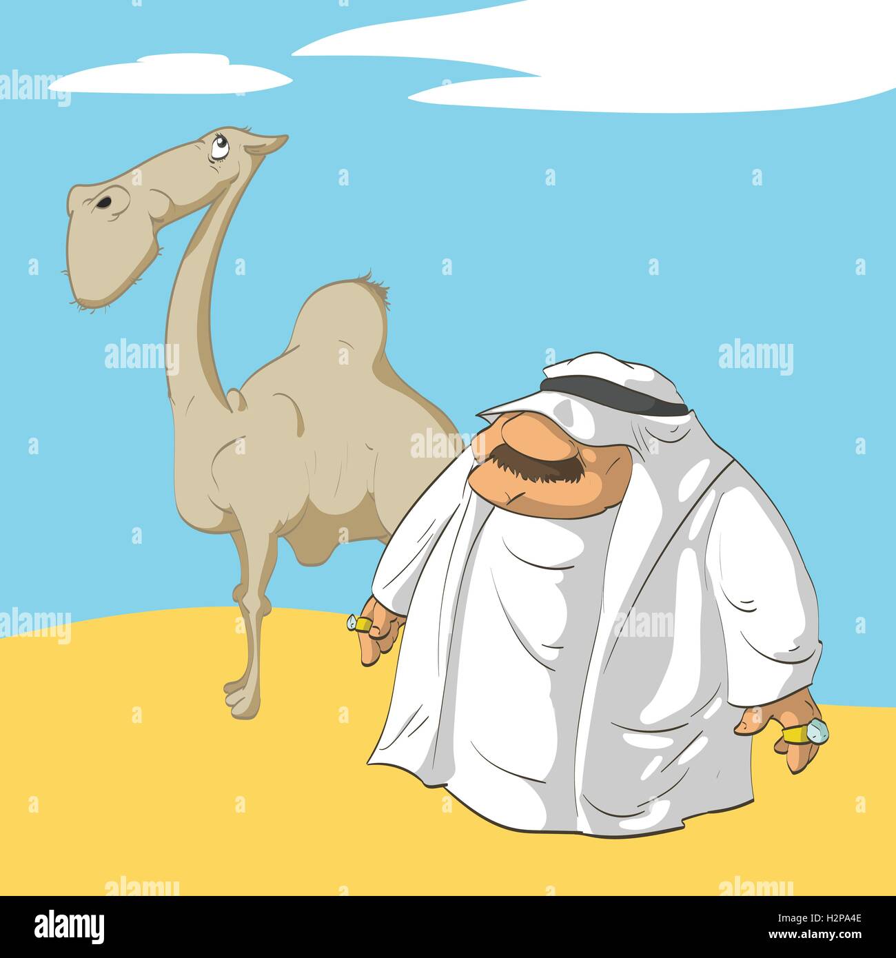 Colorful vector illustration d'un cheikh arabe dessin animé et son chameau dans le désert Illustration de Vecteur