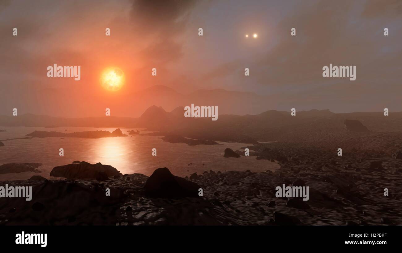 Proxima est l'étoile la plus proche du Soleil. C'est une naine rouge sombre, plus petite que notre soleil et plusieurs milliers de fois moins lumineux. Ici nous le voyons à partir d'une planète rocheuse en orbite, a récemment découvert, appelée Proxima b. La planète est dans la zone habitable de Proxima, ainsi il peut être possible de le port de l'eau liquide à sa surface, comme indiqué ici. Sur la droite on peut aussi faire l'Alpha du Centaure, qui est une étoile binaire avec deux composants semblables au Soleil. L'Alpha Centauri orbite paire d'assez près les uns des autres, tandis que les orbites Proxima cette paire beaucoup plus loin, formant une étoile triple Banque D'Images