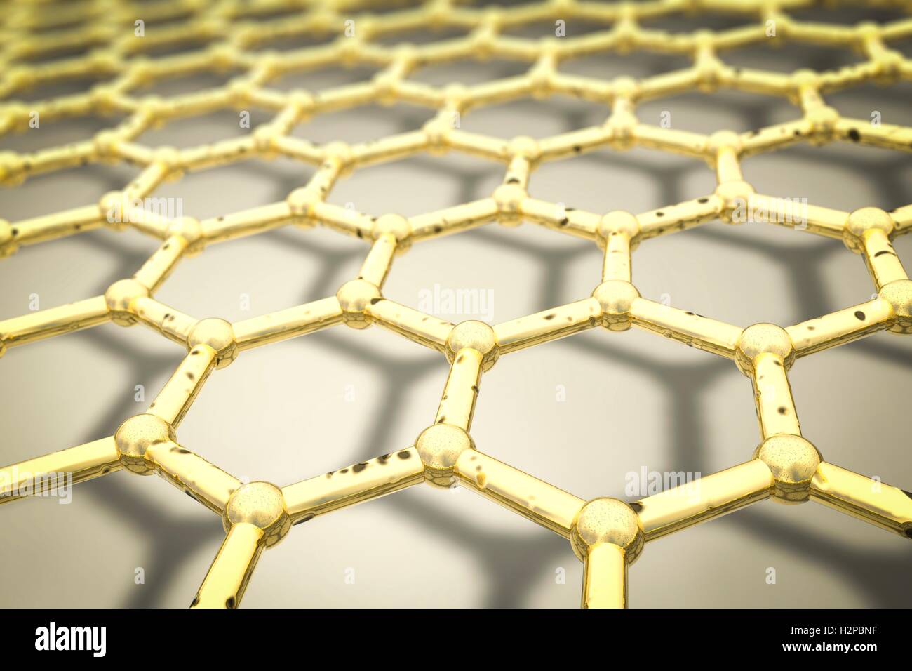 Le graphène, illustration de l'ordinateur. Vue rapprochée de la structure moléculaire du graphène, une seule couche de graphite. Il est composé d'atomes de carbone disposés de façon hexagonale (sphères) reliés par des liaisons covalentes fortes (tiges). Le graphène est très solide et flexible. Banque D'Images
