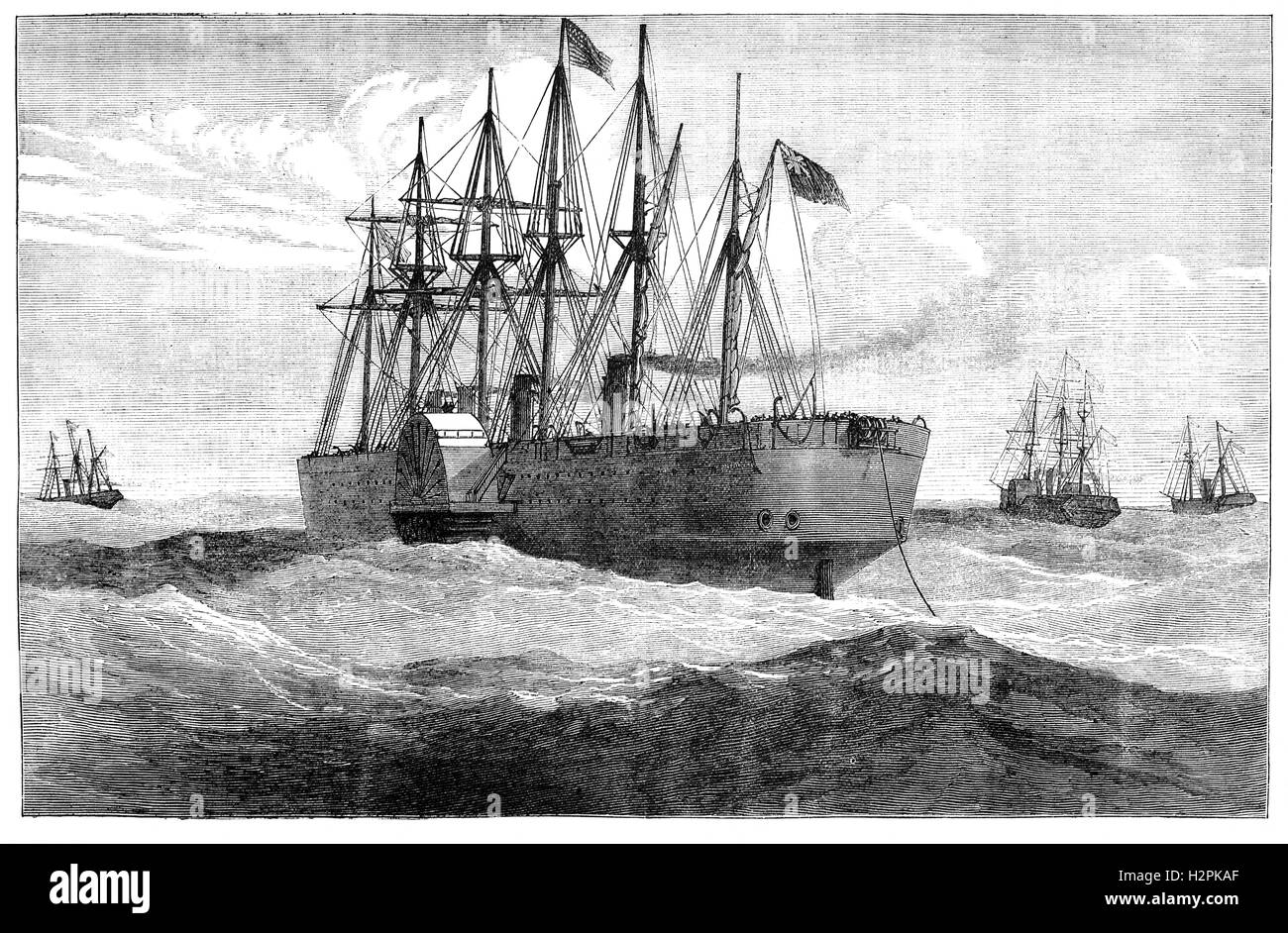 SS Great Eastern était un fer à repasser à vapeur de voile bateau conçu par Isambard Kingdom Brunel et le plus grand navire jamais construit au moment de son lancement en 1858. Le travail de conversion suivante elle était affrété à la nouvelle construction et l'entretien de télégraphe et de l'entreprise prévues 4 200 kilomètres (2 600 milles) de la 1865 câble télégraphique transatlantique. Puis 48 000 kilomètres (30 000 milles) de Brest de télégraphique sous-marin, la France à Saint Pierre et Miquelon, au large de Terre-Neuve en 1869, et d'Aden à Bombay en 1869 et 1870. Banque D'Images