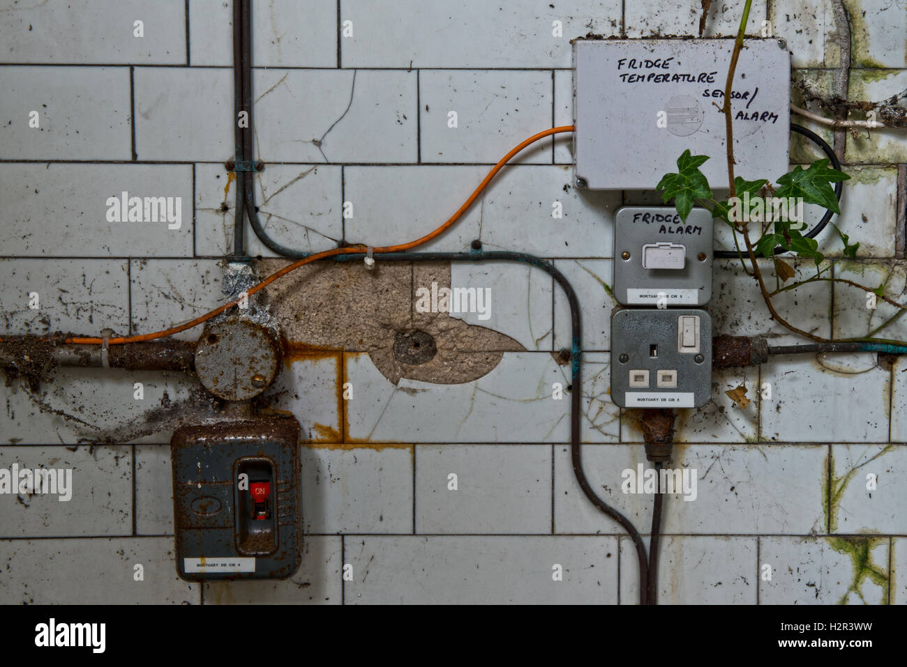 Points électriques envahis par l'intérieur de St Ann's Hospital morgue, Haringey, au nord de Londres, UK Banque D'Images
