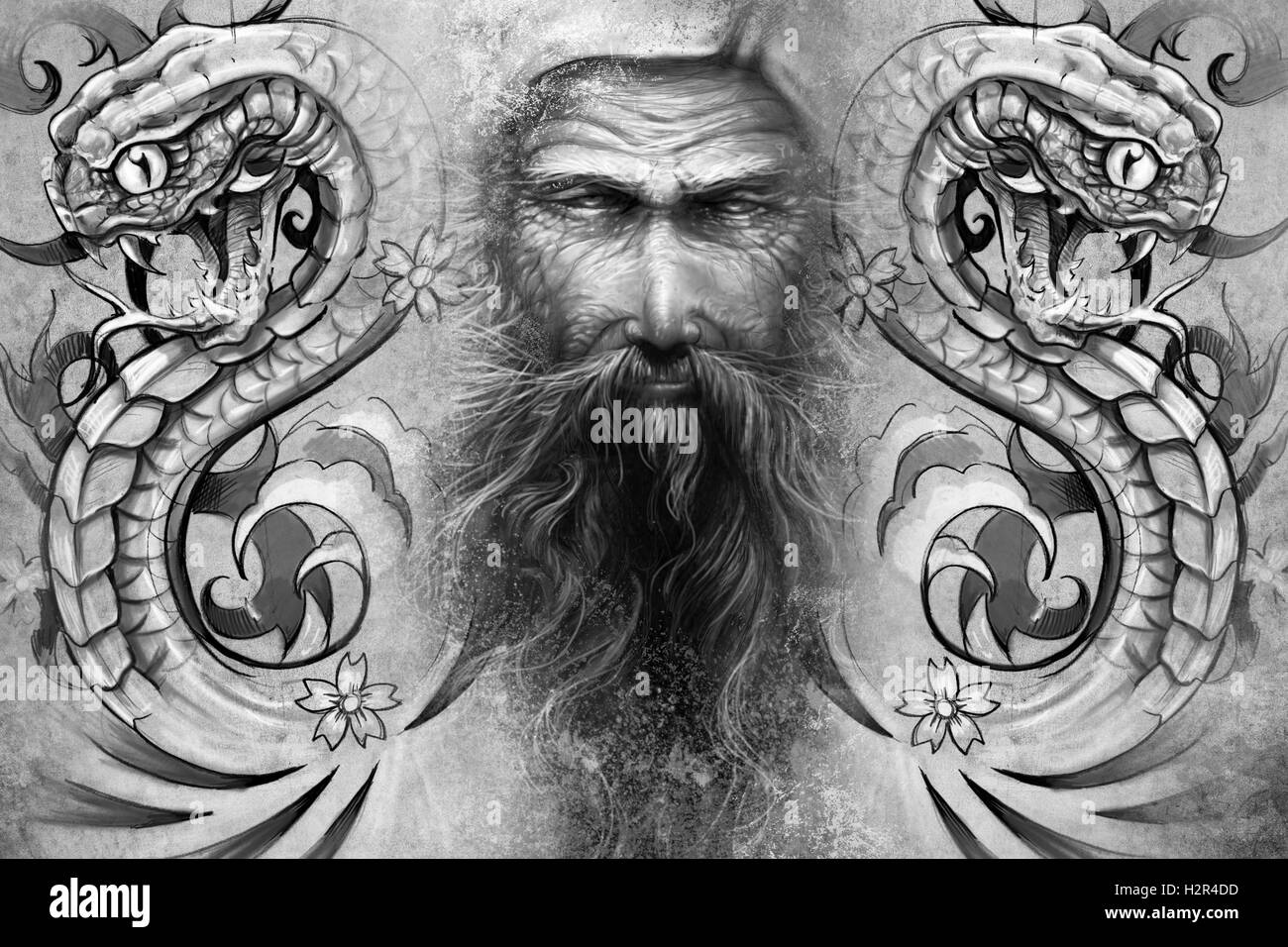 Bouddha et les serpents.Conception de tatouage sur fond gris texturé b. Banque D'Images