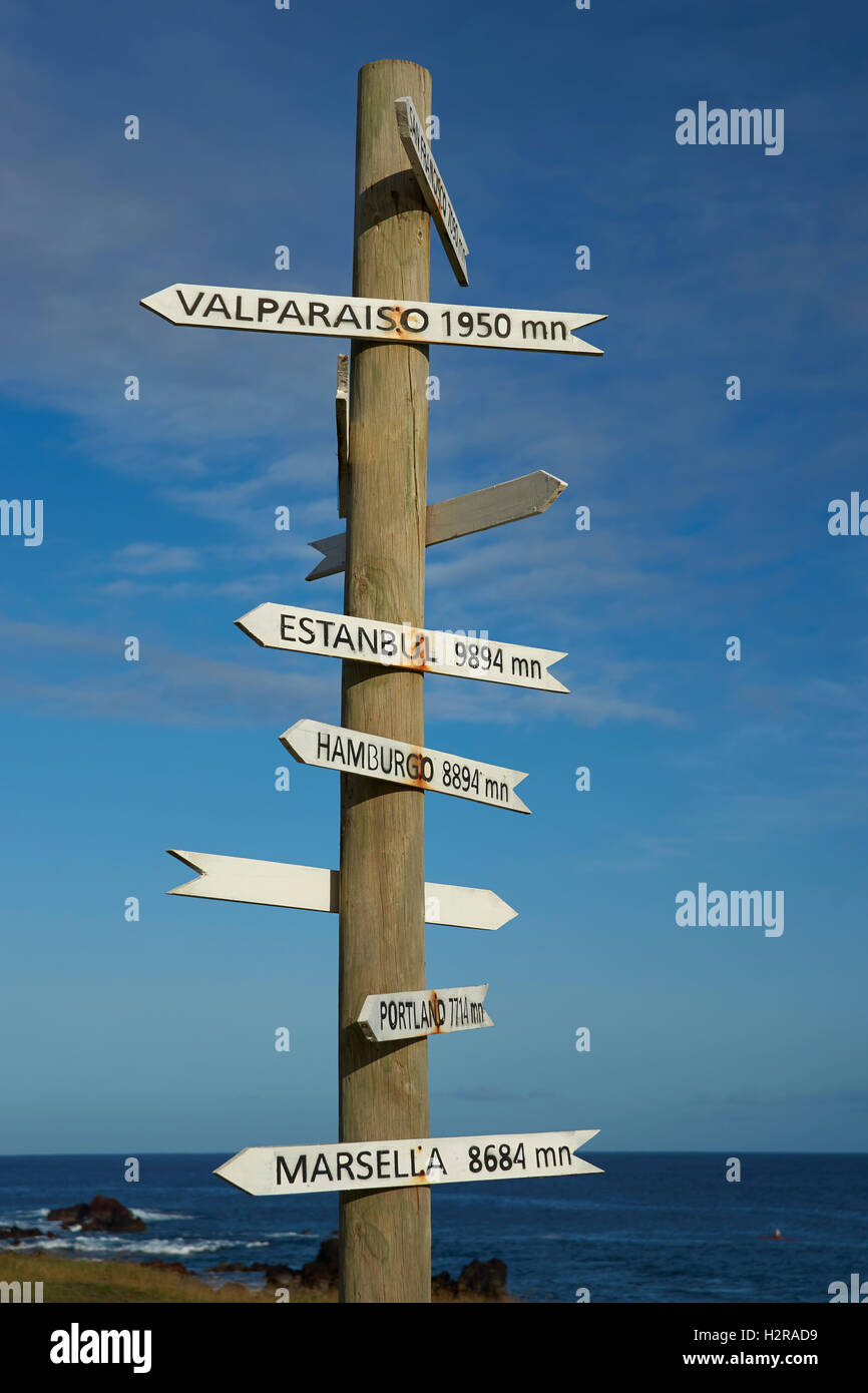 Poteau de signalisation sur la côte de l'île de Pâques montrant la distance de différentes villes à travers le monde. Banque D'Images