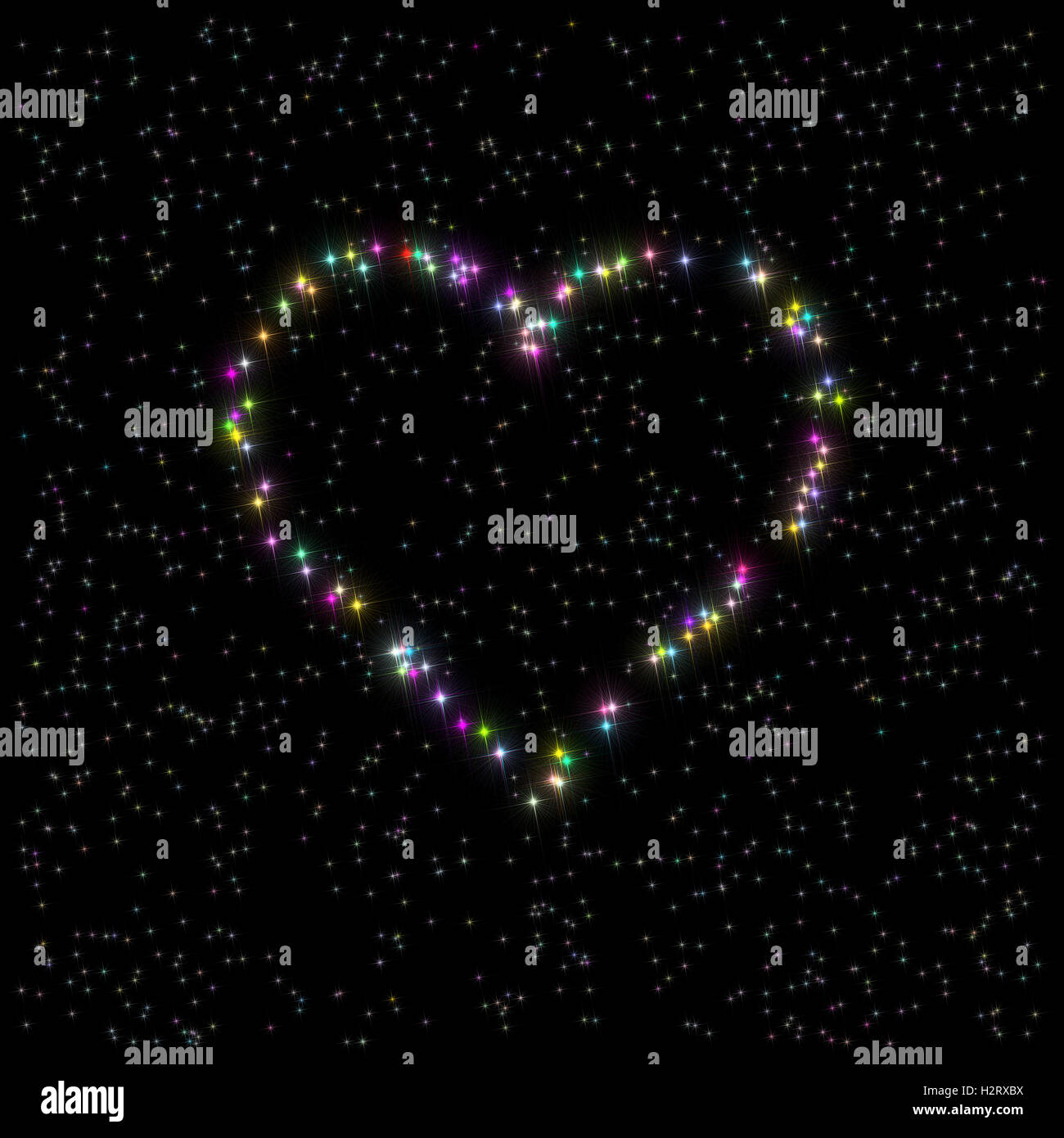 Illustration : le symbole de coeur composé de diverses étoiles multicolores sur le fond noir. Banque D'Images