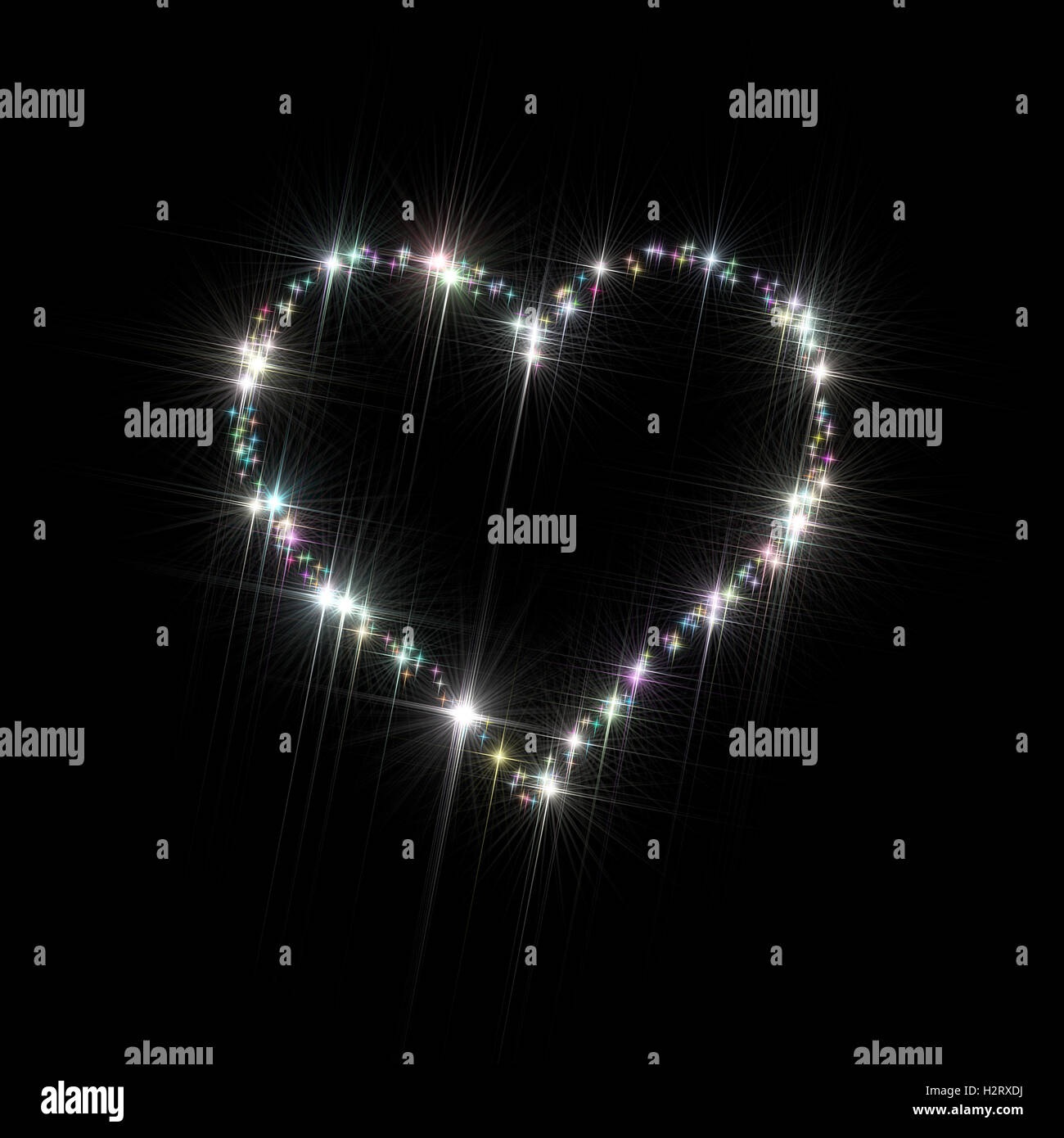 Illustration : le symbole de coeur composé de diverses étoiles multicolores sur le fond noir. Banque D'Images