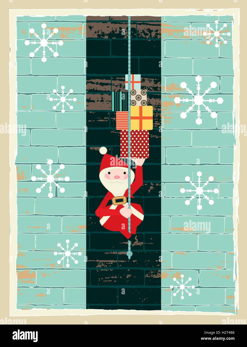Retro vector illustration du Père Noël venant dans la cheminée l'exécution présente Illustration de Vecteur