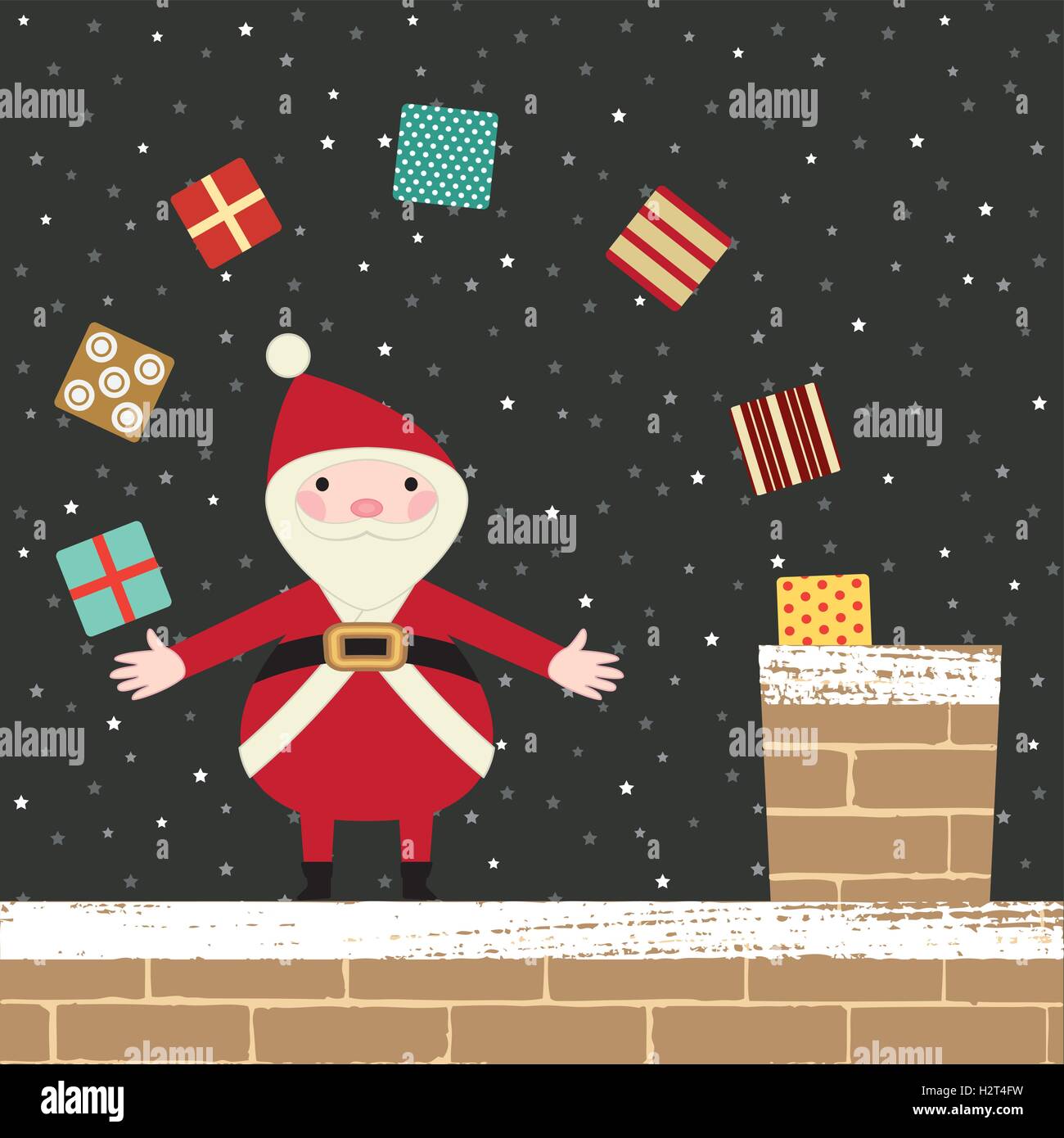 Père Noël sur le toit trowing présente dans la cheminée Illustration de Vecteur