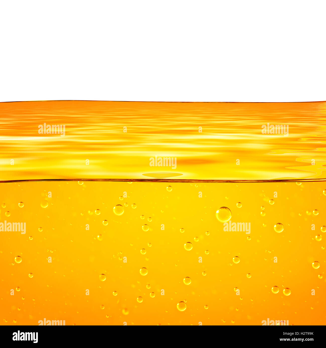 L'huile. Le miel. La bière. Des jus de fruits. Orange jaune liquide avec des bulles d'oxygène. Libre. Orange Jaune vagues et fond blanc pour le texte. Banque D'Images