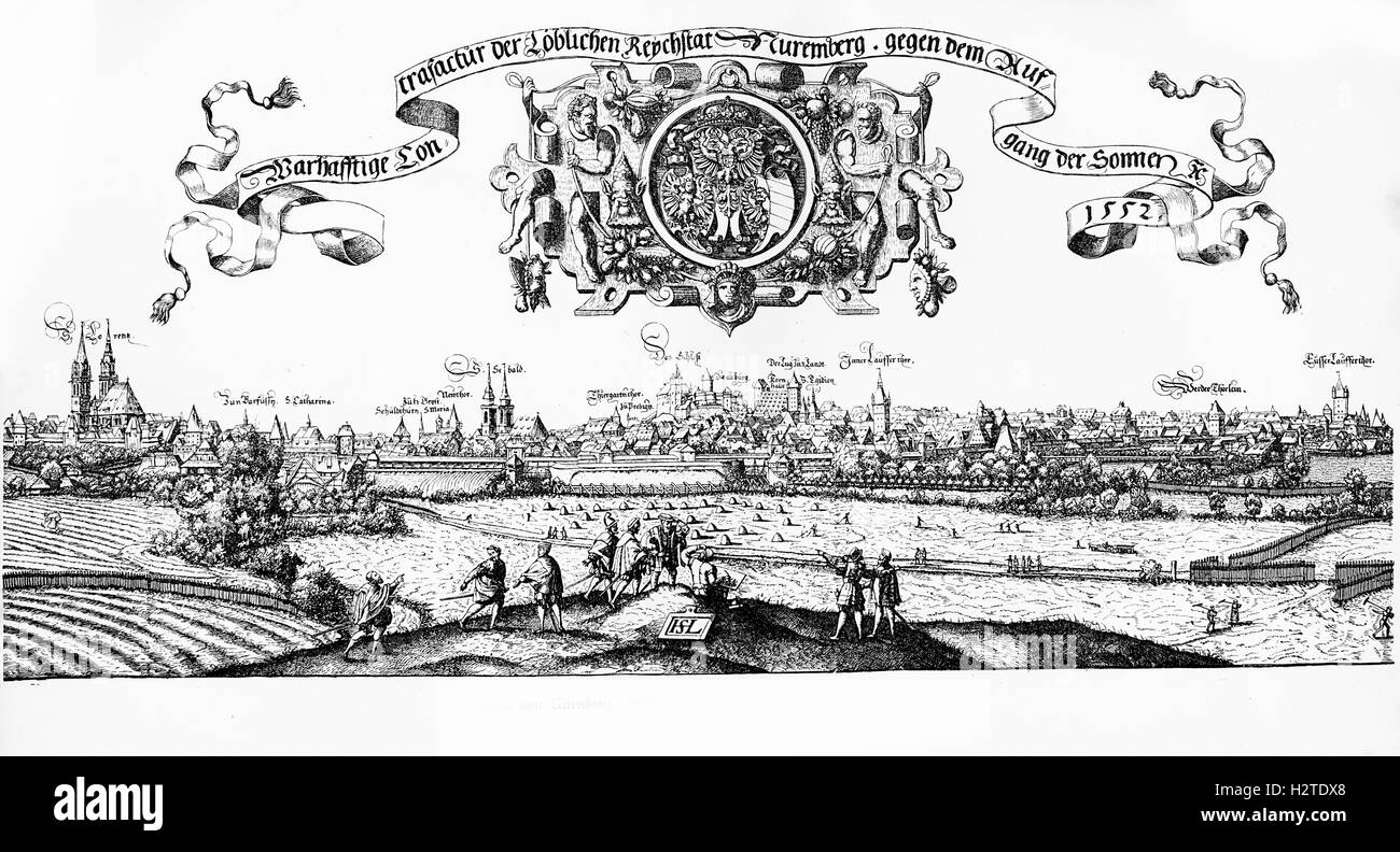 Année 1552, Nuremberg vue à vol d'oiseau et des armoiries de la ville Banque D'Images