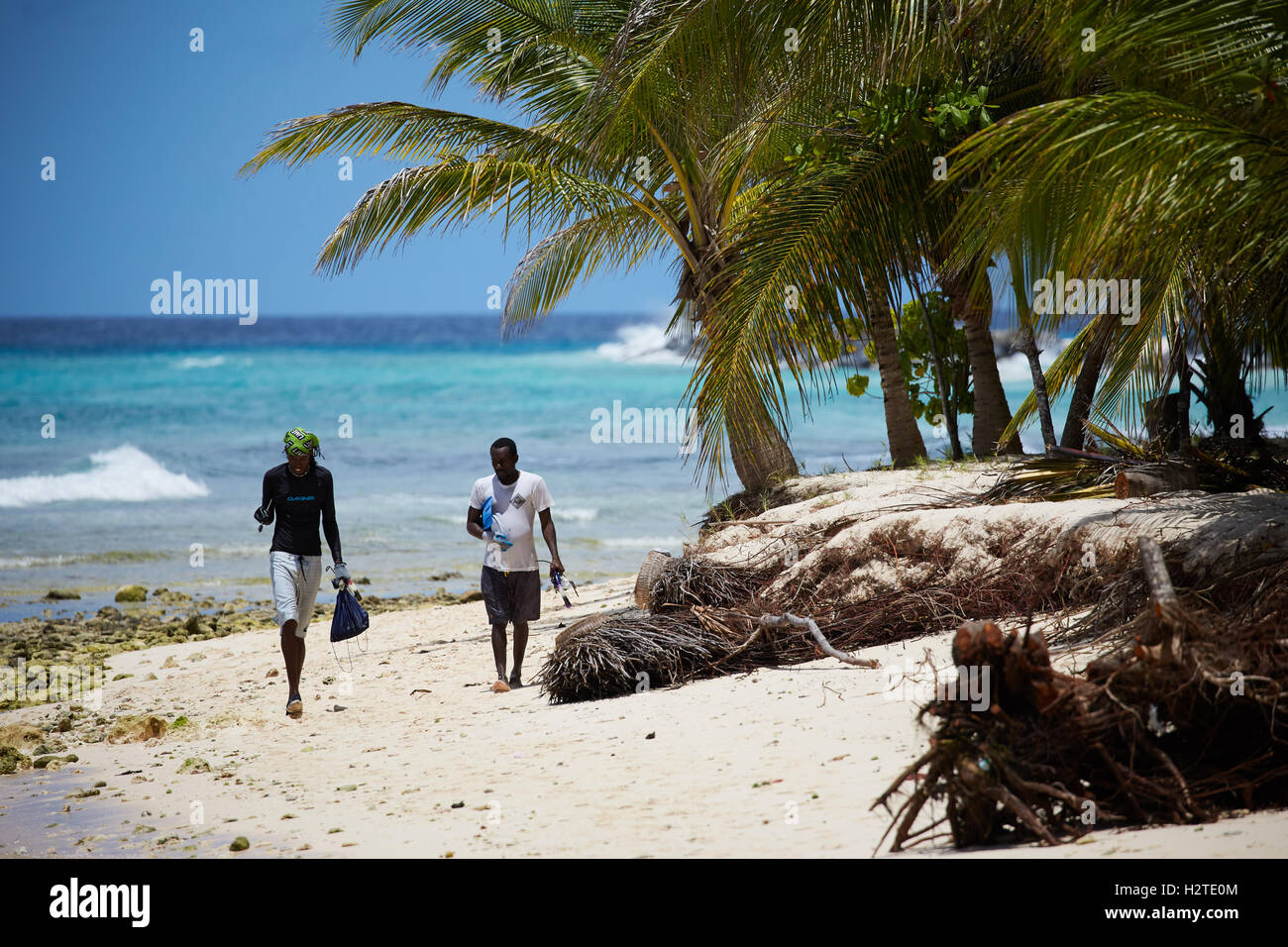 La Barbade Hastings Bay Fisherman golden sand beach palmiers balades côtières tiges portant des pêcheurs Banque D'Images