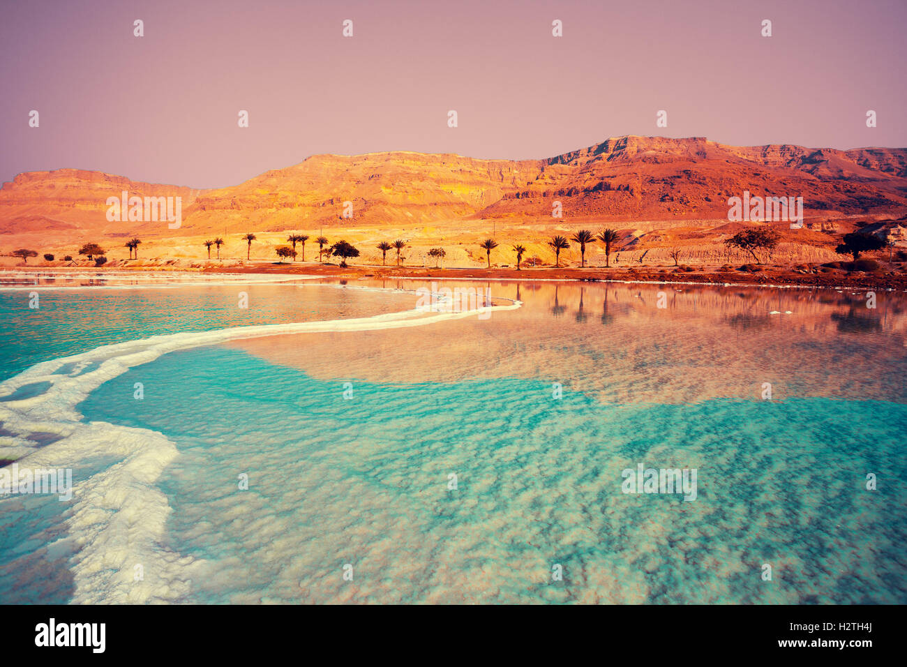 Mer Morte mer avec des palmiers et des montagnes en arrière-plan Banque D'Images