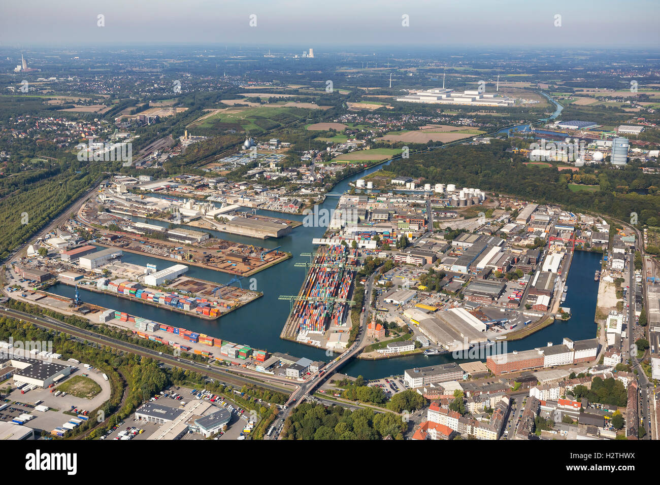 Photo aérienne, port de Dortmund, port, ville portuaire à l'intérieur des terres, terminal à conteneurs, Dortmund, Ruhr, Banque D'Images