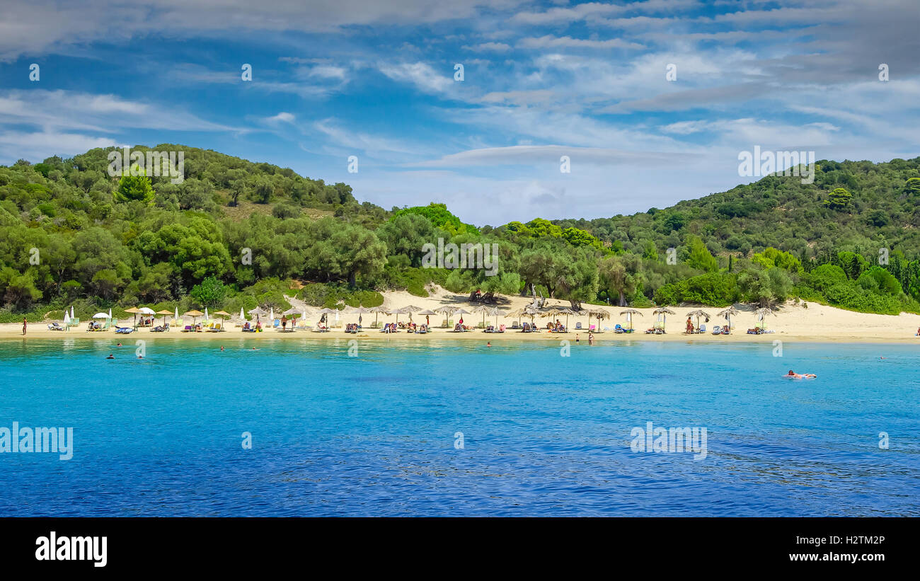 La Plage de Koukounaries, l'île de Skiathos, Grèce. C'est l'une des meilleures plages de la Grèce. Banque D'Images