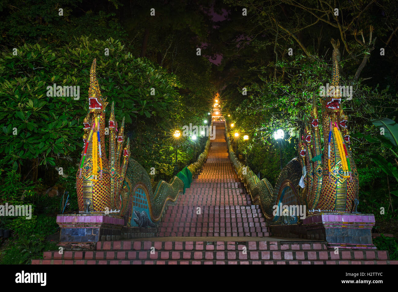 Escaliers Dragon de Wat Phra That Doi suthap Temple, Chiang Mai, Thaïlande. Banque D'Images