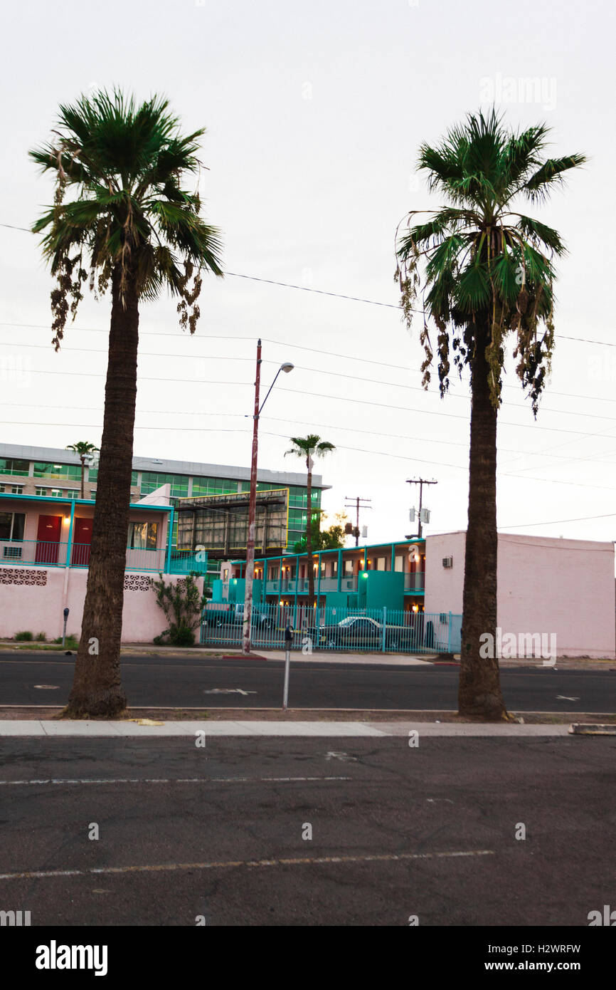 Deux palmiers avec kitsch rose motel en arrière-plan Banque D'Images