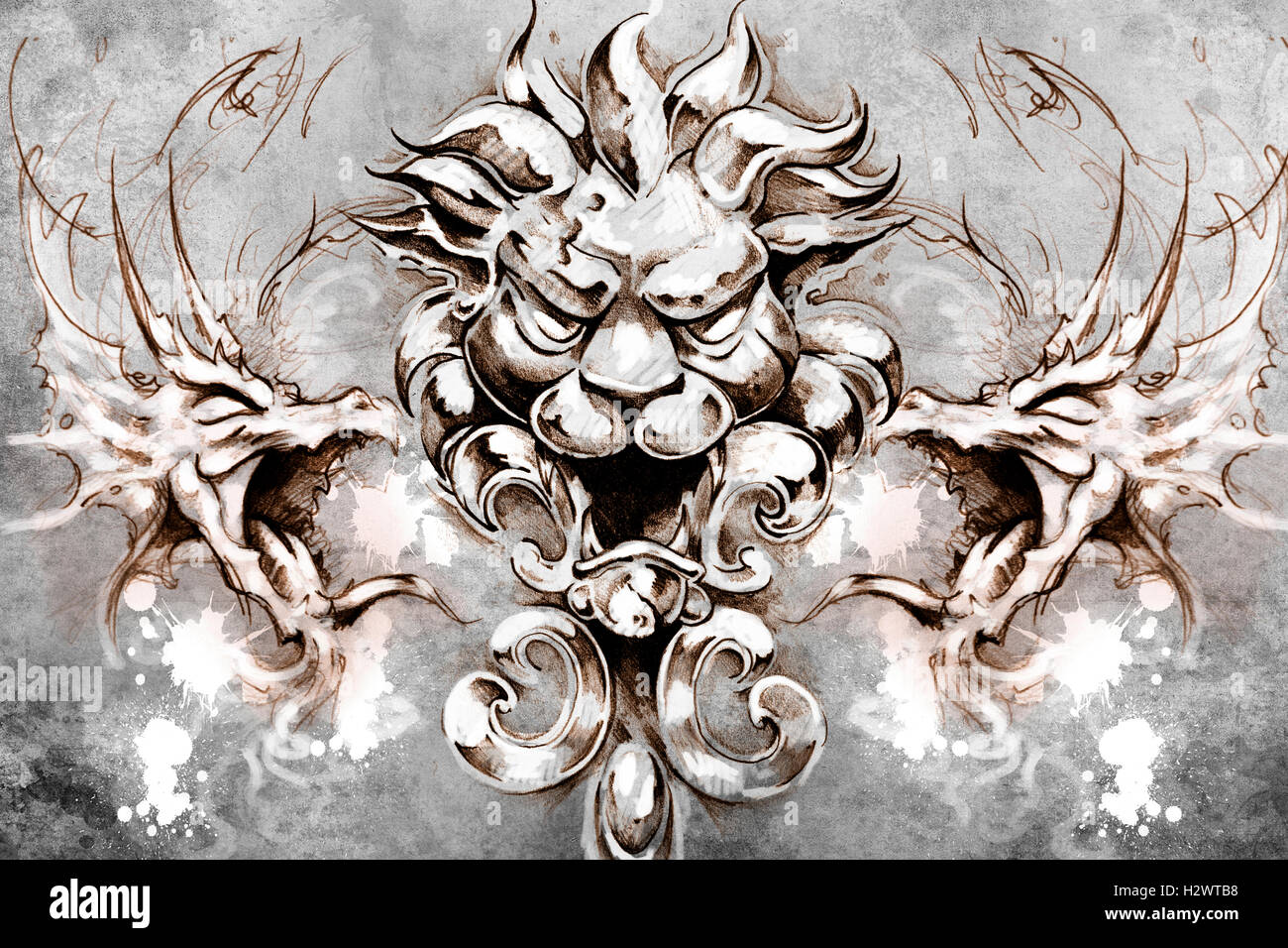 Conception de tatouage tête de lion sur fond gris. toile texturée. Banque D'Images