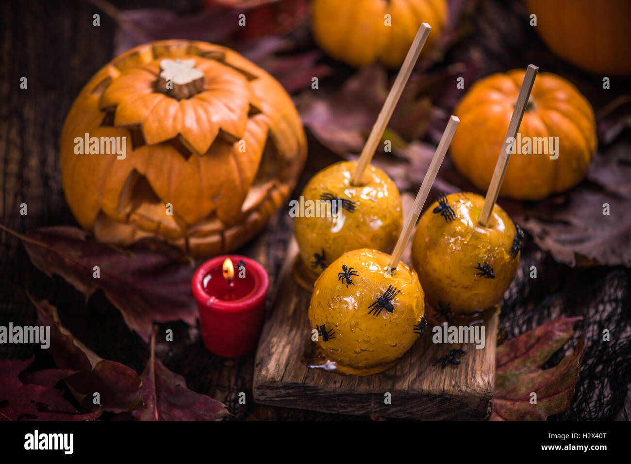 Spooky Halloween party food, apple candy avec les araignées et les vers Banque D'Images