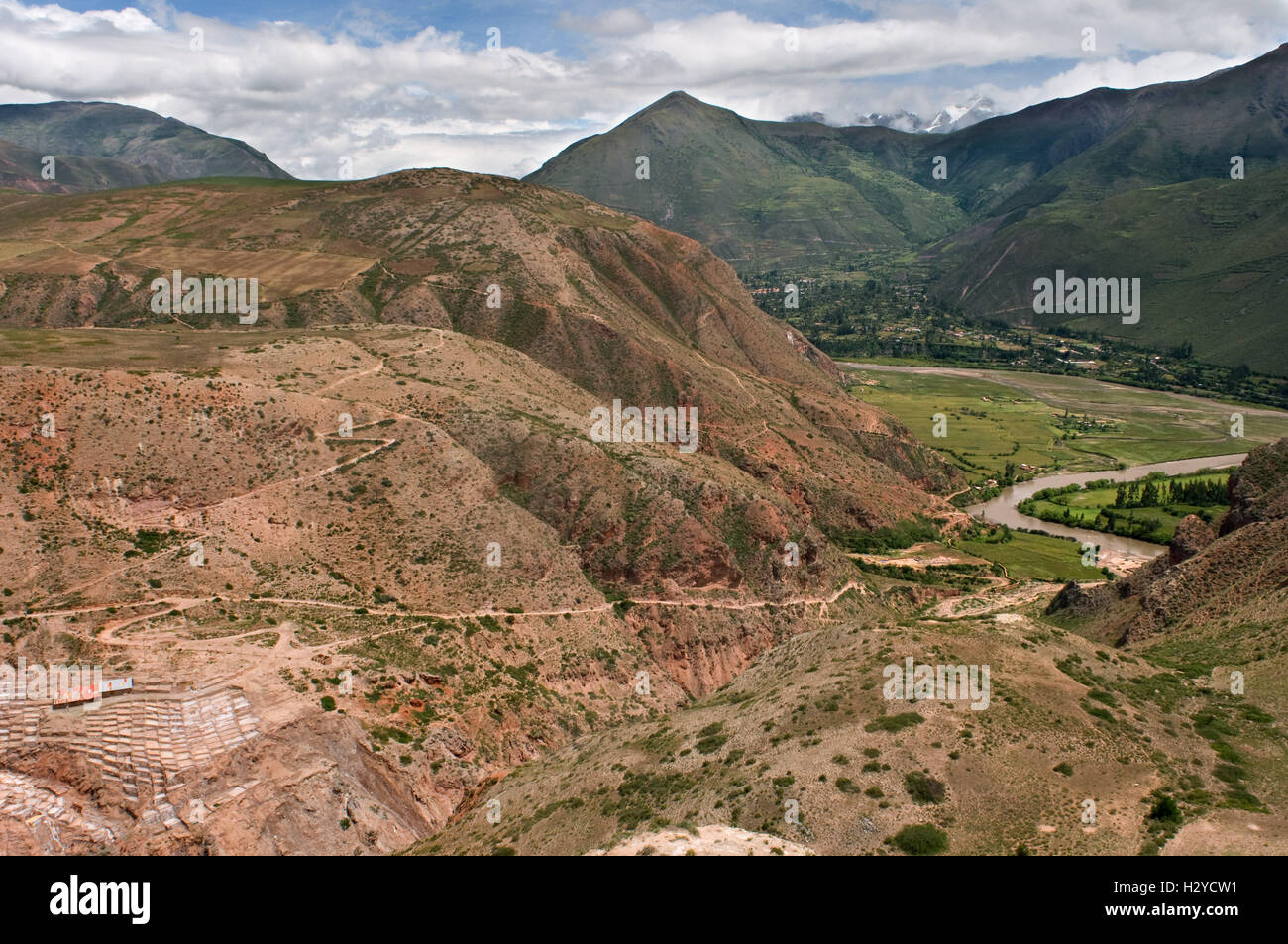 Vue générale de la Vallée Sacrée près de Cuzco depuis les mines de sel de Maras. La Vallée Sacrée des Incas ou la vallée de l'Urubamba Banque D'Images