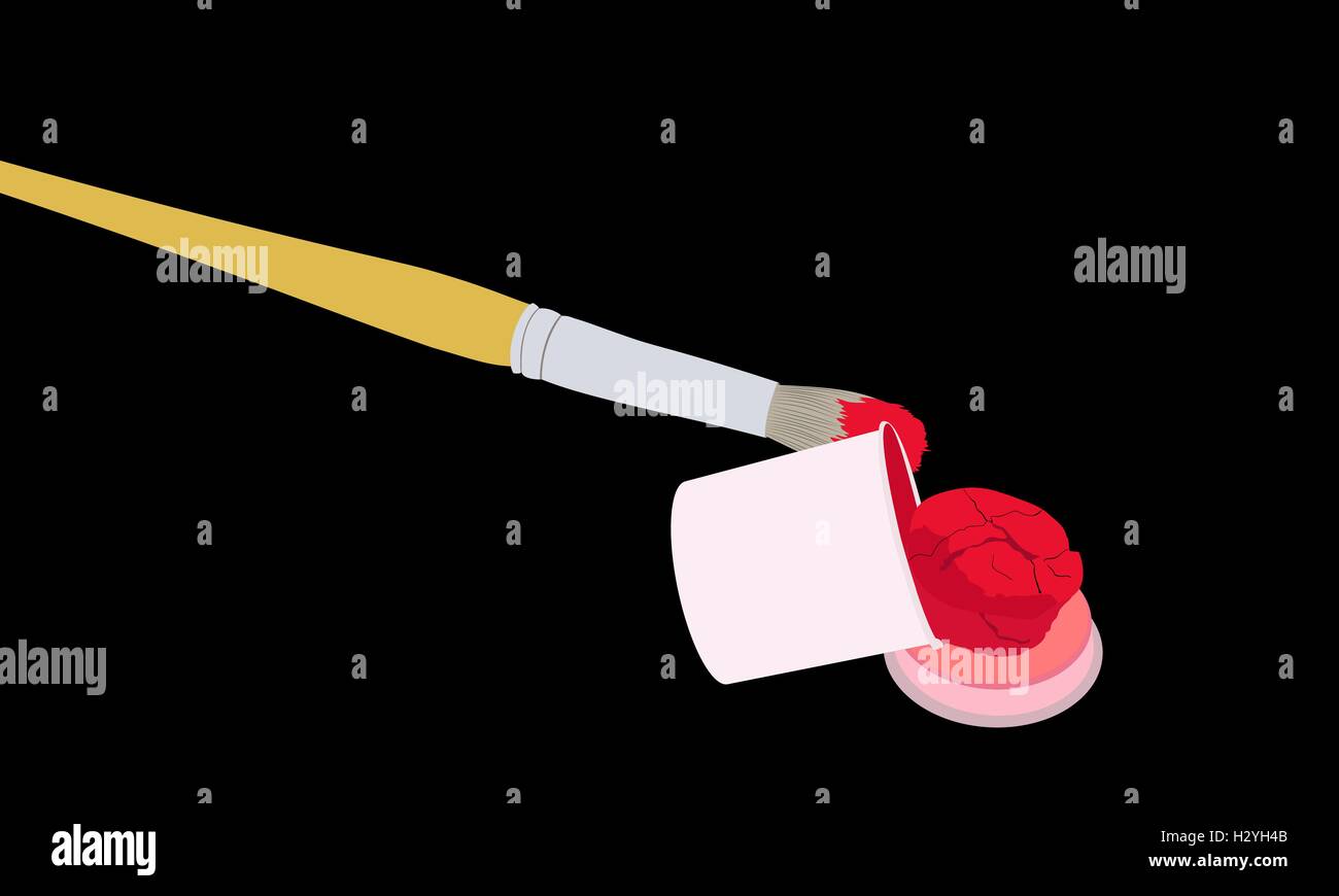 Le pinceau dans la peinture rouge et un bidon de peinture sur fond noir Illustration de Vecteur