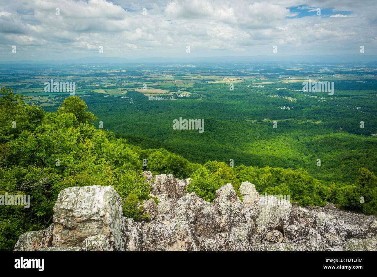 Vue sur la vallée de Shenandoah et Blue Ridge Mountains du sommet rocheux de Turk Mountain dans le Parc National Shenandoah, Virgi Banque D'Images
