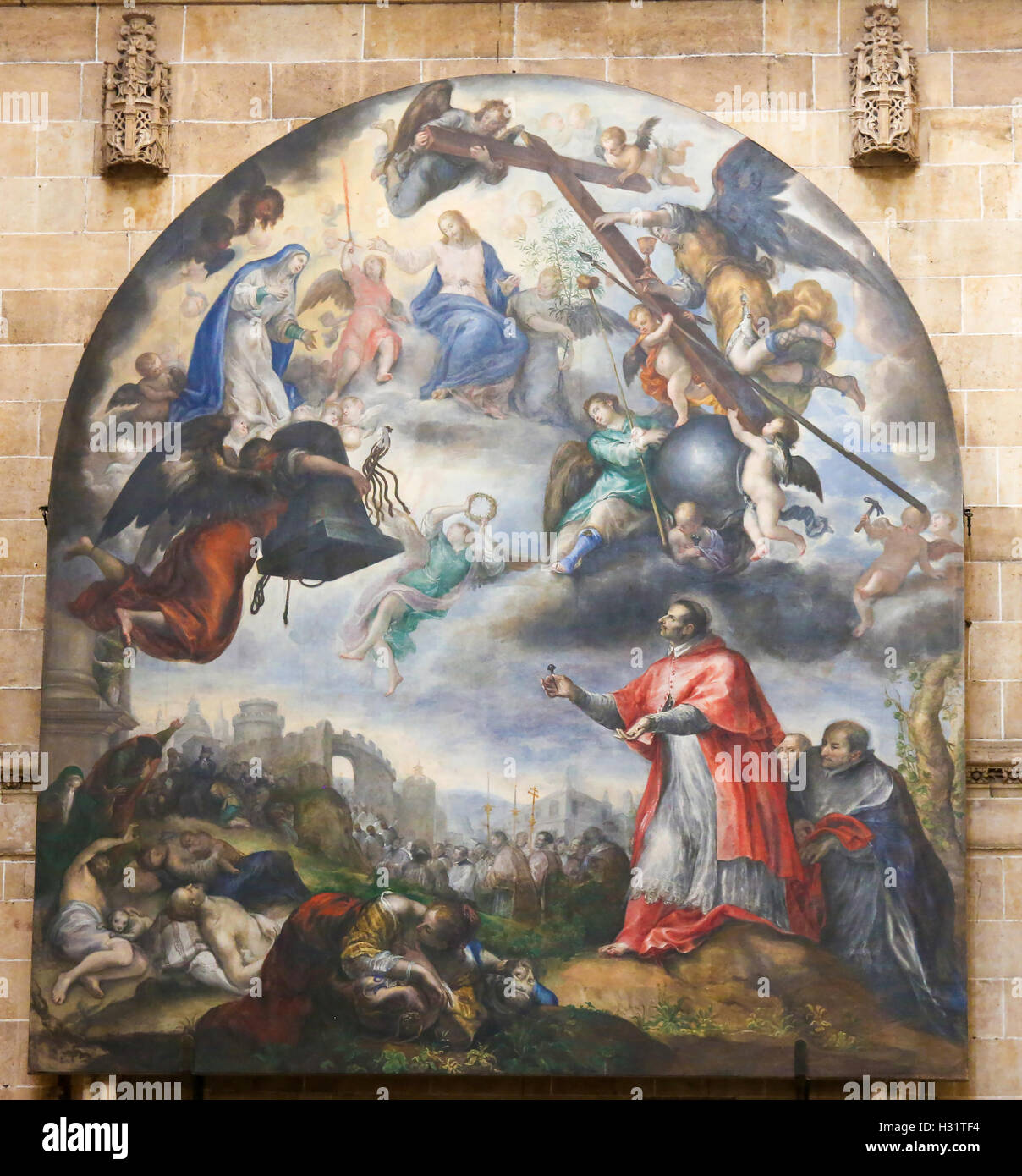 La peinture dans la nouvelle cathédrale de Salamanque, en Espagne, de la peste à Milan avec San Carlo Borromeo par Francisco Camilo Banque D'Images