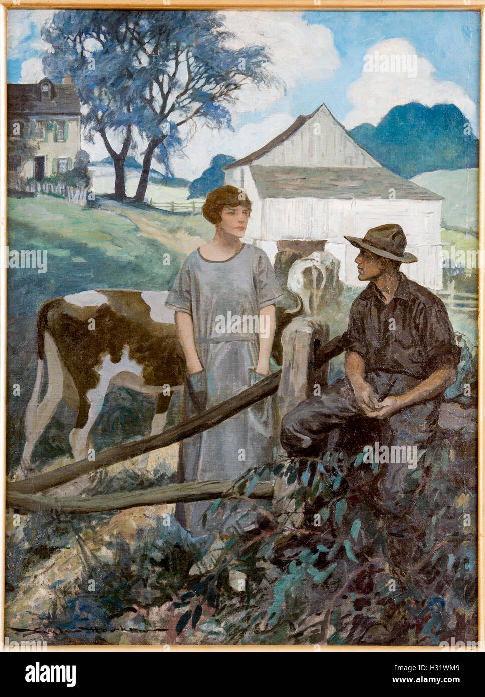 Au début du xxe siècle, la peinture d'agriculteurs dans une ferme. Banque D'Images