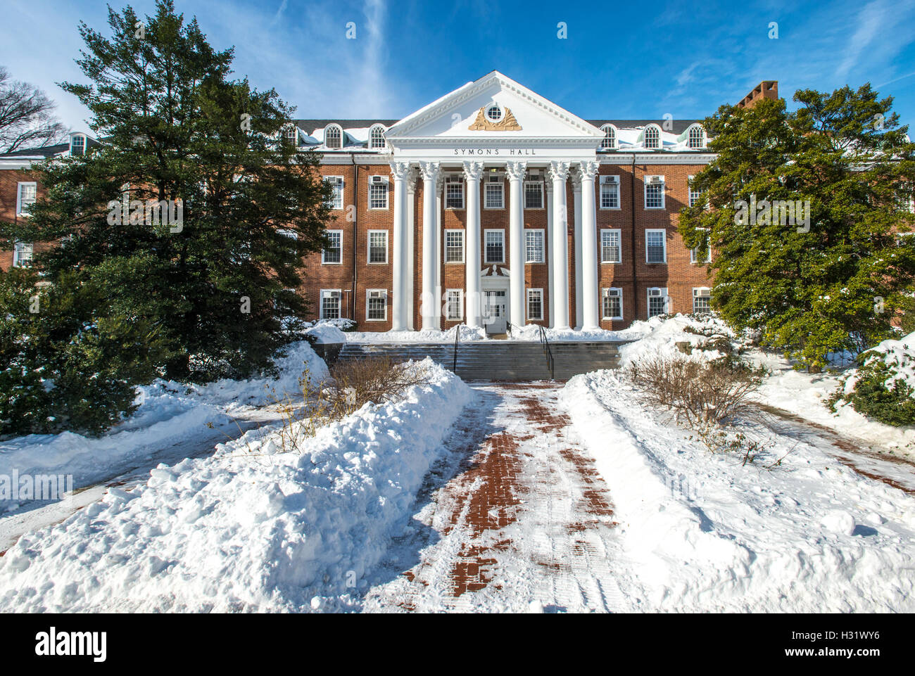 La neige sur le campus de l'Université du Maryland, College Park. Banque D'Images