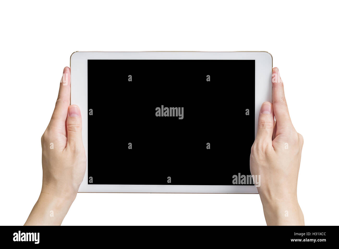 Close up hand woman holding tablet isolé sur blanc avec chemin de détourage. Banque D'Images