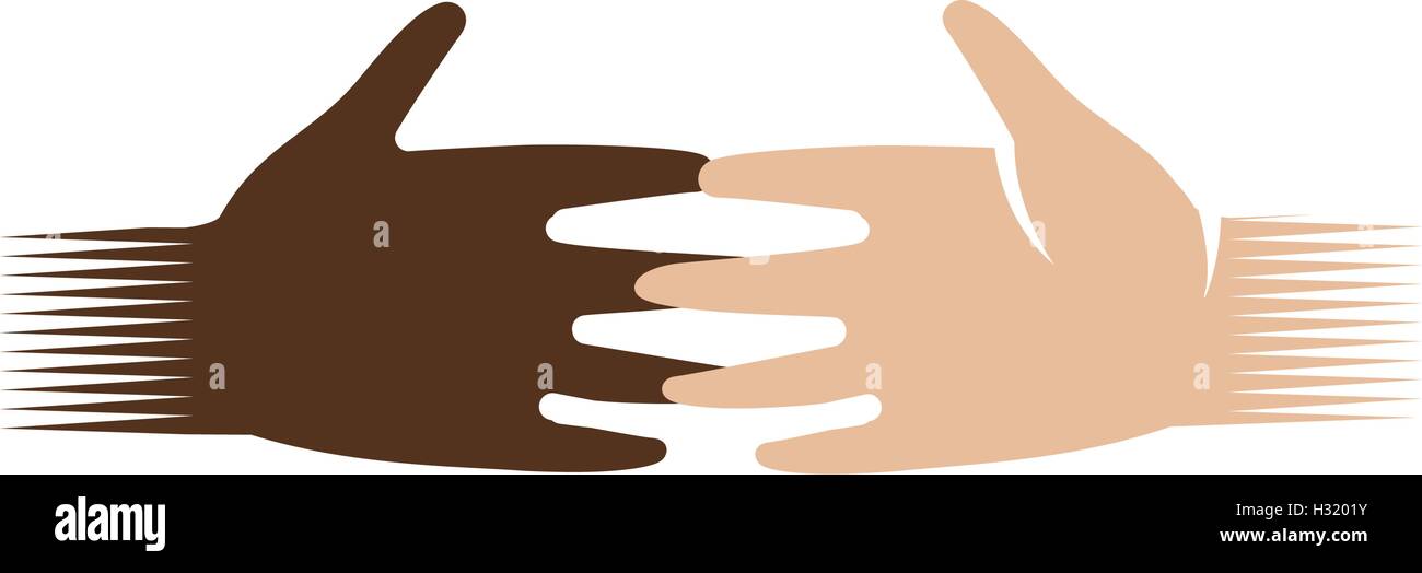 Résumé isolés de la peau sombre et clair des mains d'un logo. Le blanc et le noir les gens de toucher les doigts logo.L'égalité des droits. Symbole de l'amitié internationale. L'icône de la campagne de charité. Vector illustration. Illustration de Vecteur