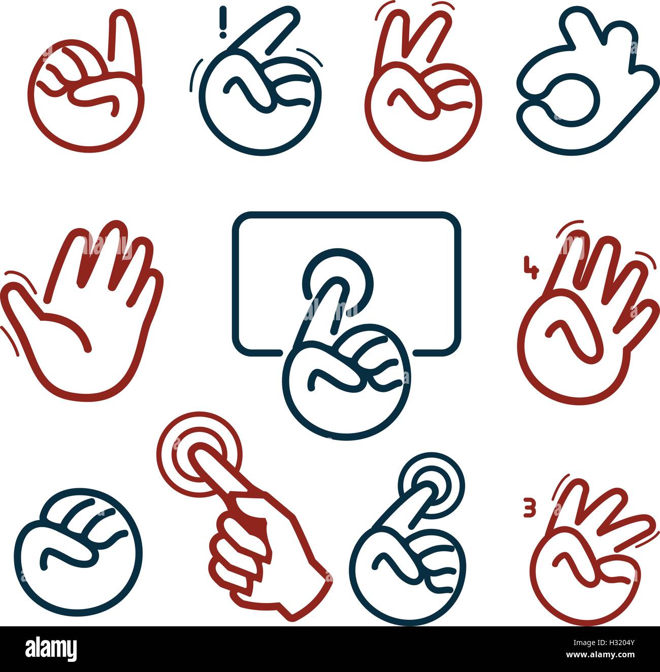 Logo du réseau social résumé isolés. Des mains et des doigts logotypes.boutons de site Web collection.ok,donner,paix,cinq doigt,fist signe. Symbole de victoire, bonjour. Vector illustration. Illustration de Vecteur