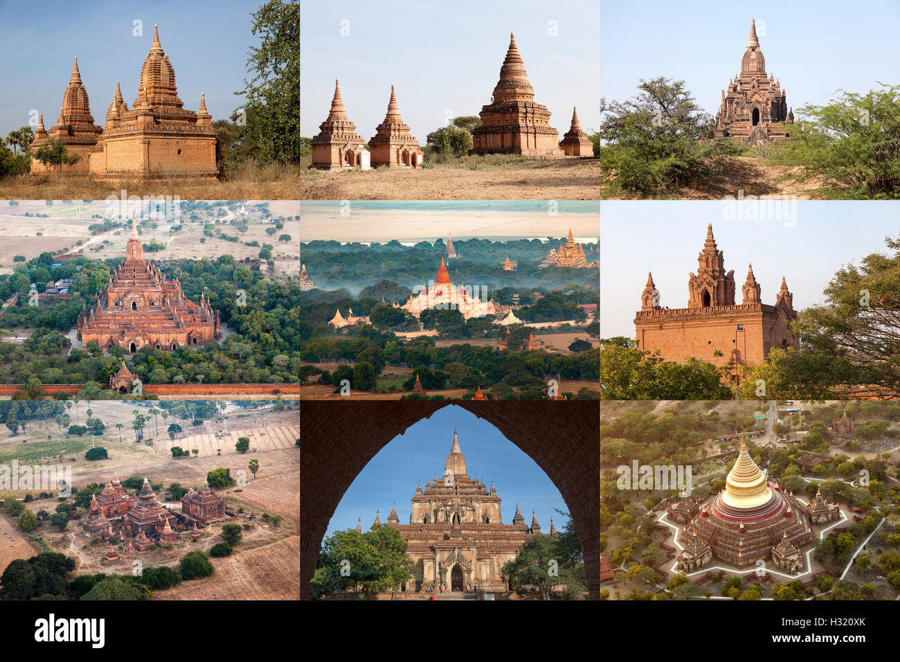 Une mosaïque de temples à Bagan (Myanmar). L'aride plaine de Bagan offre aux visiteurs de voir plus de 4 000 temples en brique. Banque D'Images