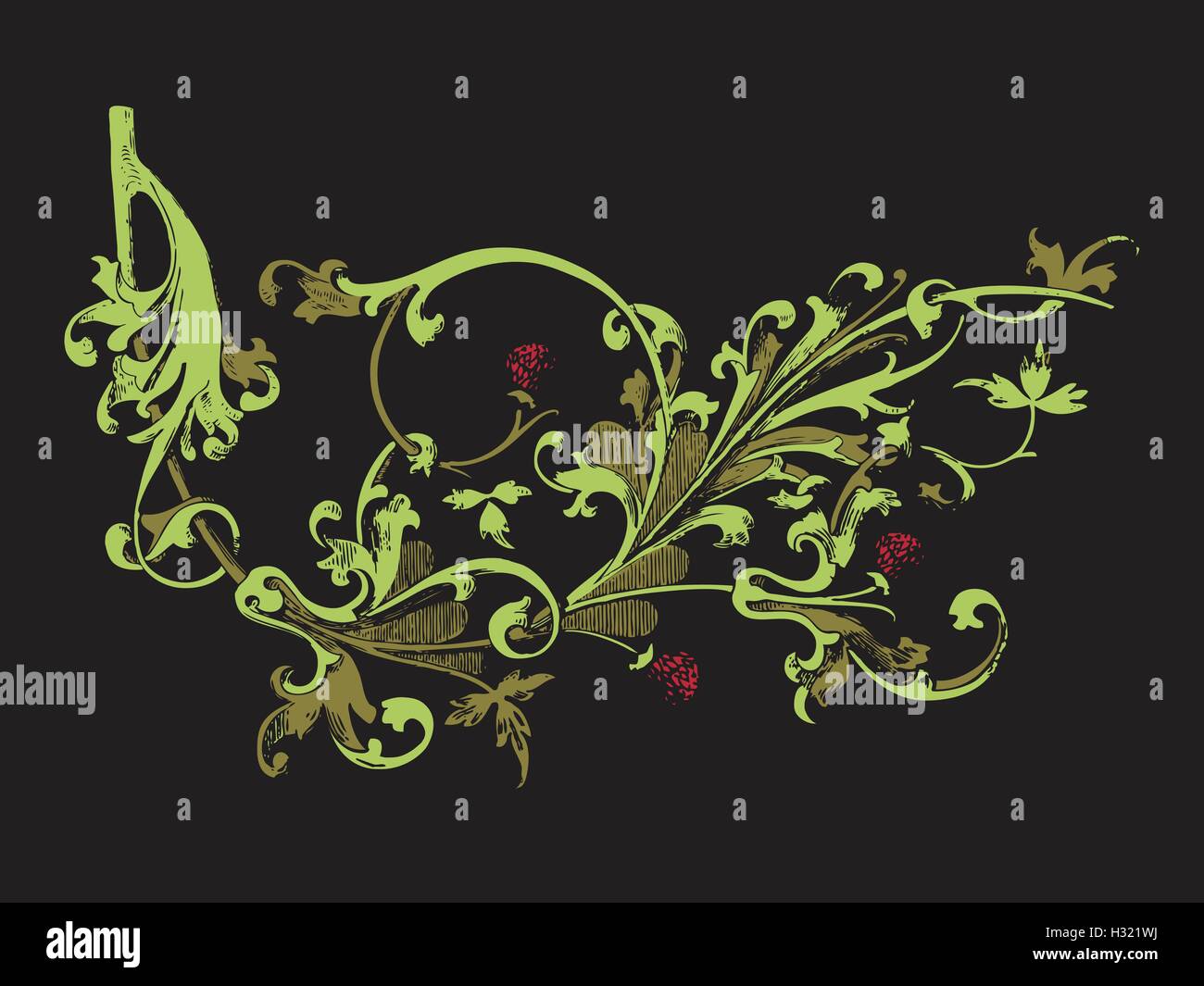 Hand drawn vector illustration de buissons de fraises. Branche avec bourgeons et baies. Ornement végétal sur fond noir coloré Illustration de Vecteur